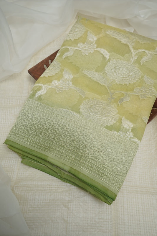 Light Green Lemon Kora Saree with Silver Zari Jaal