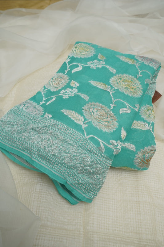 Aqua Blue Khaddi Chiffon Saree with Silver Zari Jaal