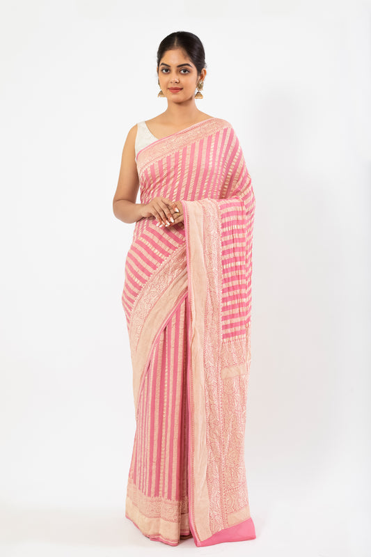 Pure Khaddi Chiffon Saree with water zari stripes