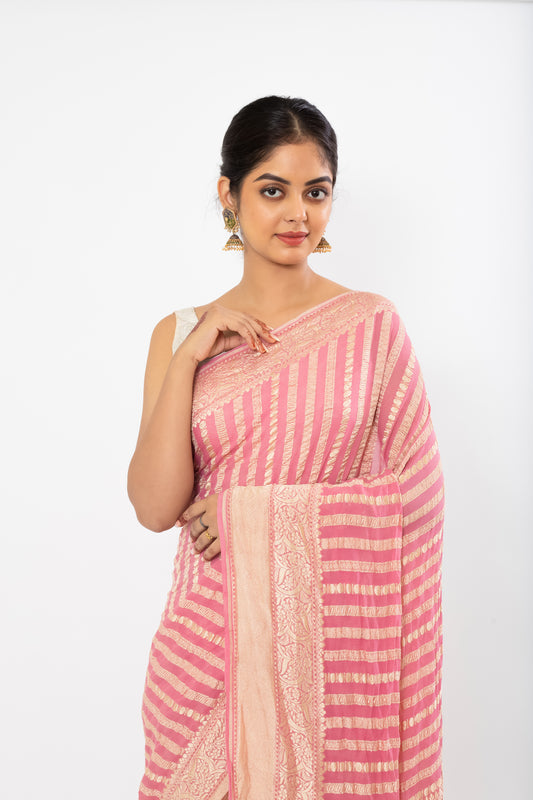 Pure Khaddi Chiffon Saree with water zari stripes