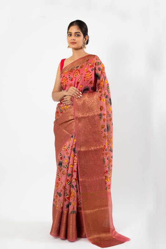 Gajri Chiniya Silk Saree with digital print
