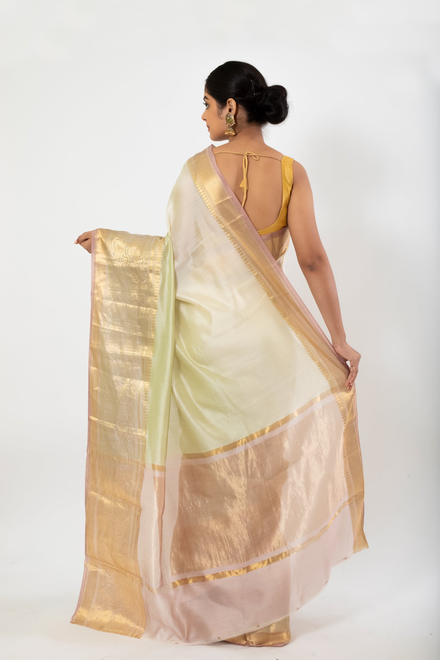 Light Beige Grey Chiniya Silk Plain Saree with shaded dye