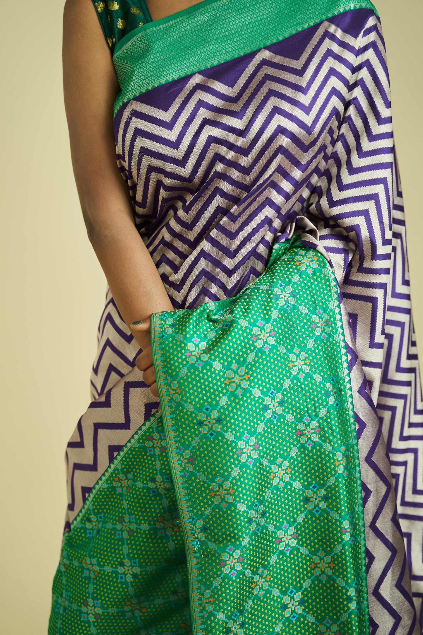 handloom katan silk banarasi saree with zigzag design and tehra skirt border