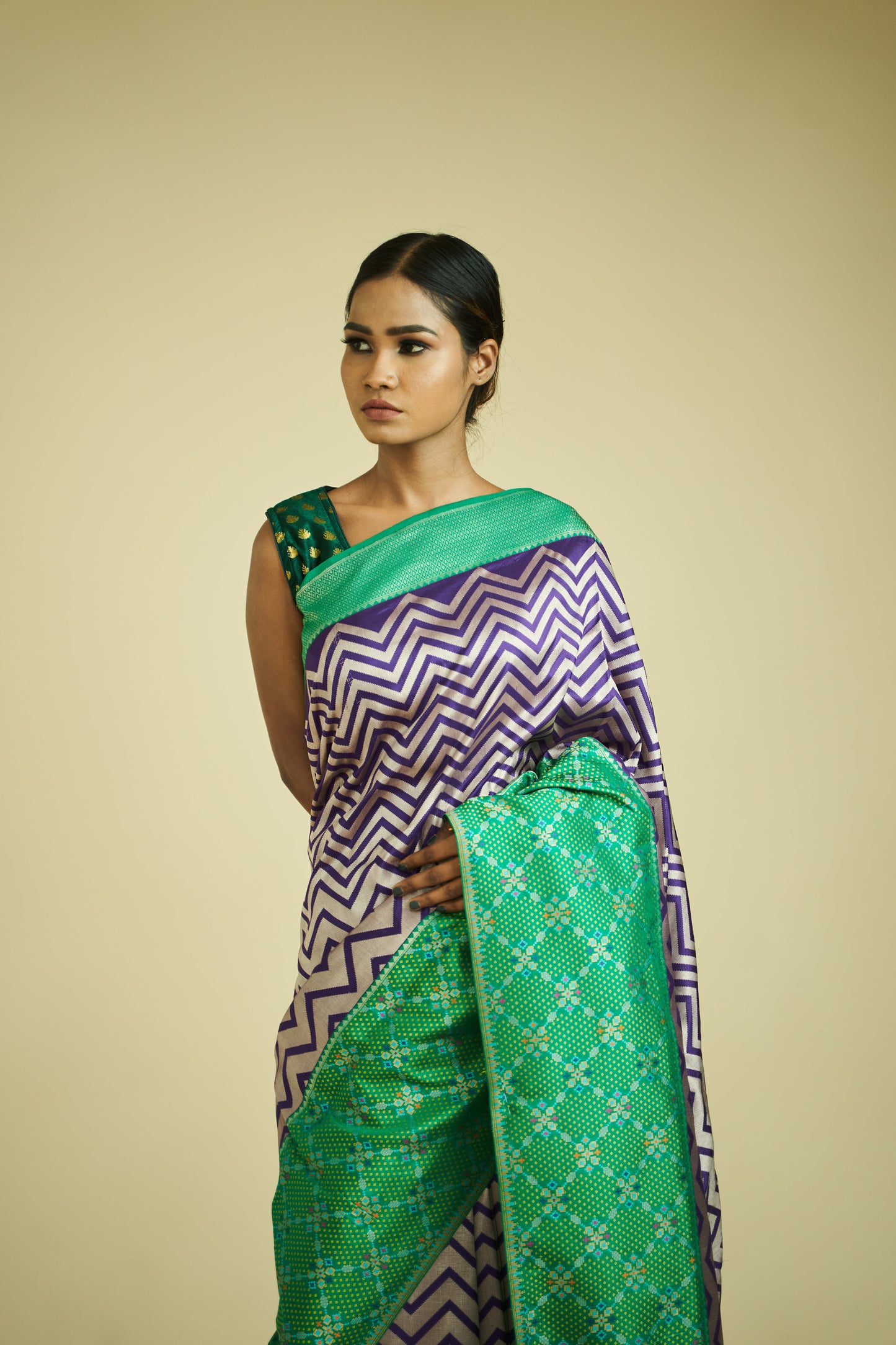 handloom katan silk banarasi saree with zigzag design and tehra skirt border