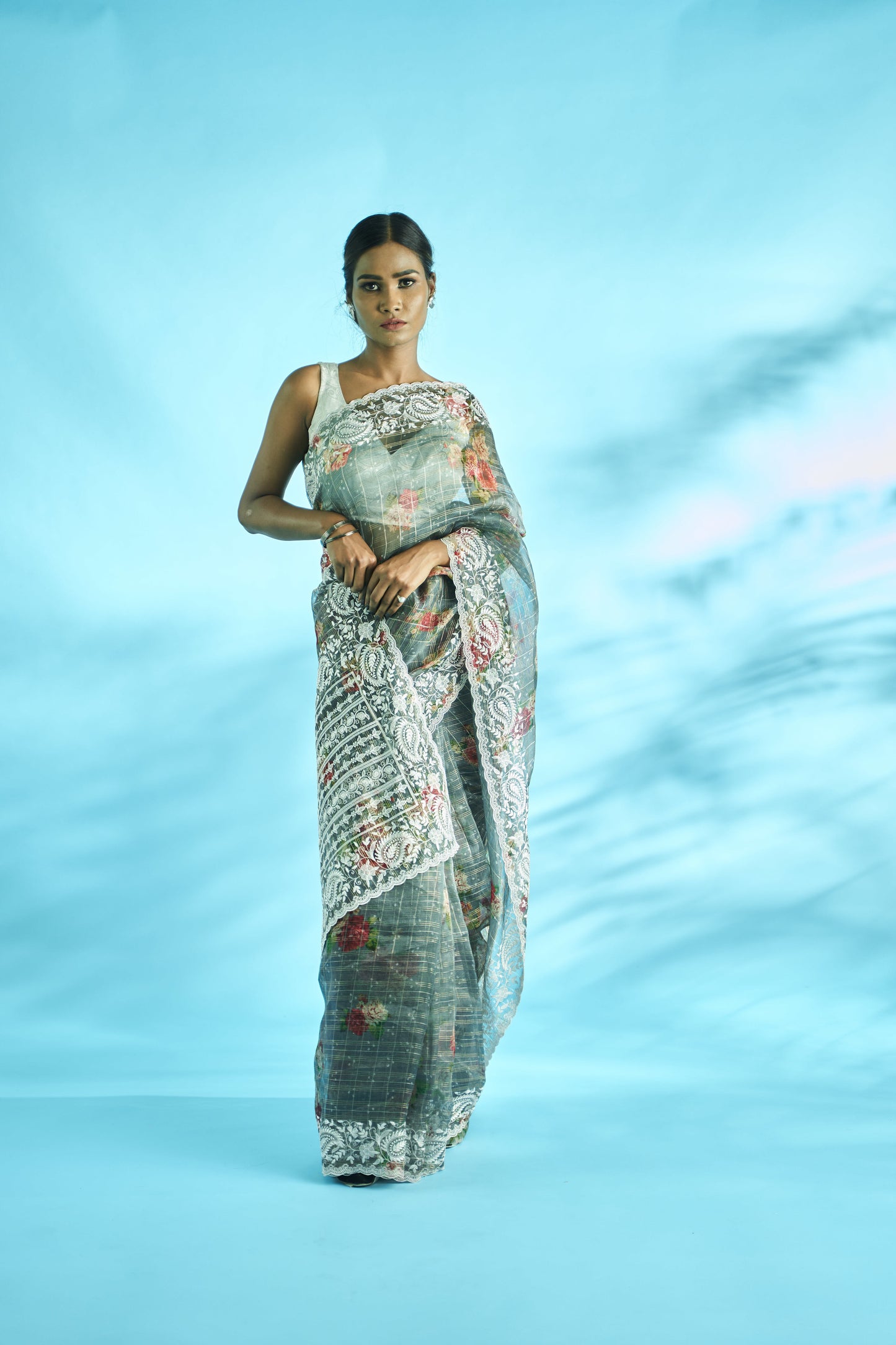 Pure Kora Saree With Floral Digital Print and Scalped Border