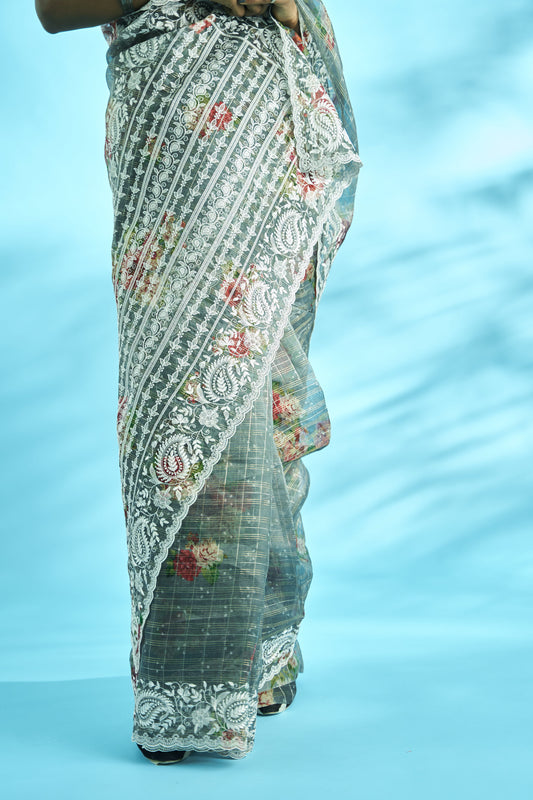 Pure Kora Saree With Floral Digital Print and Scalped Border