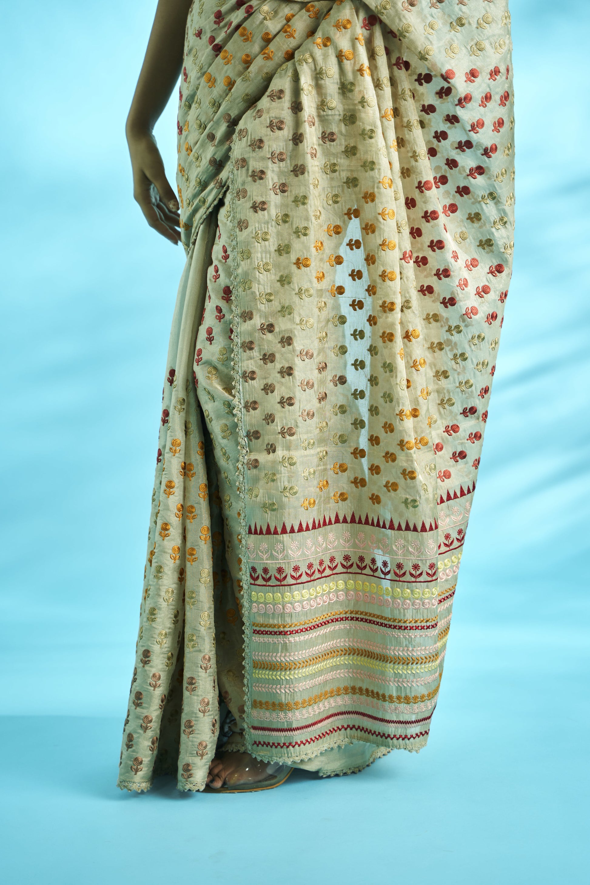 Pure chiniya tissue silk embroidery saree which is a handwoven banarasi saree.