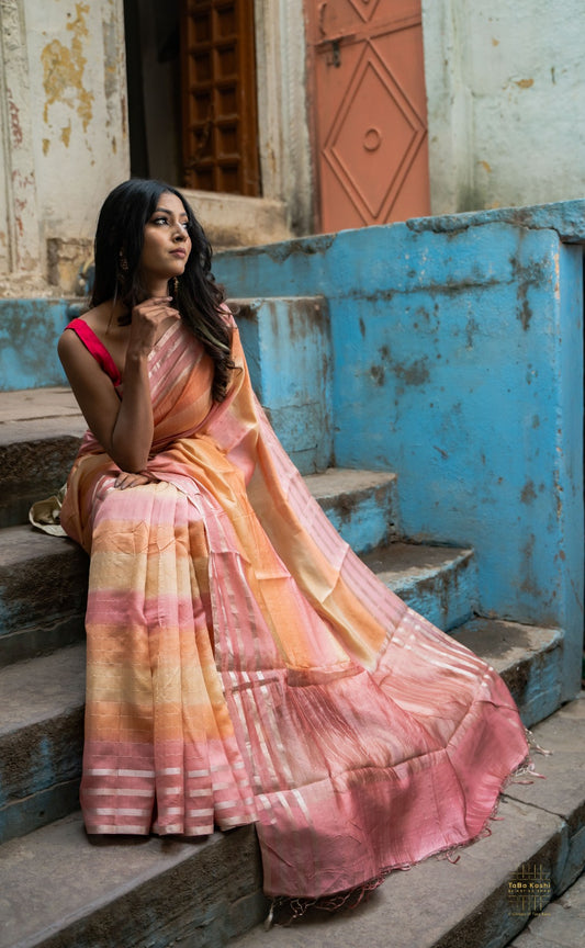 Pure Munga Saree with Rangkat dye and Zari stripes
