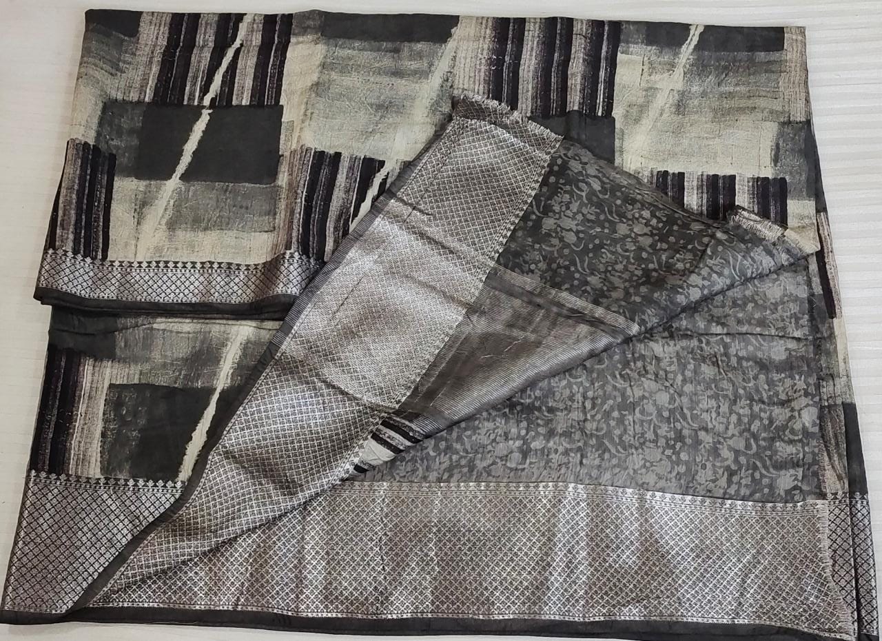 Hand-block printed Black and Grey Pashmina Cotton Saree