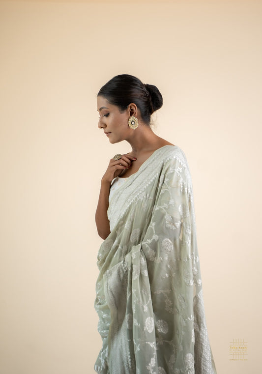 Light grey khaddi chiffon saree with zari jaal