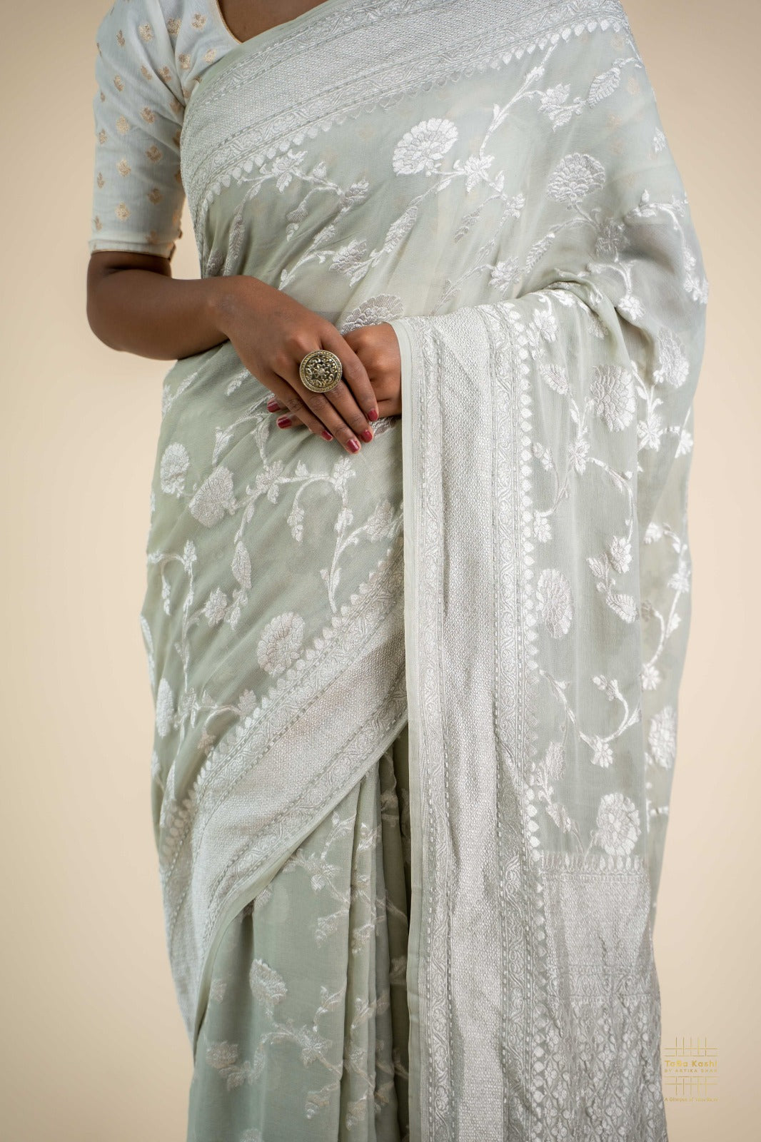 Light grey khaddi chiffon saree with zari jaal