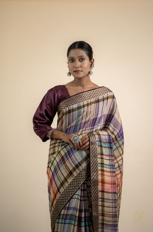 Multicolor Hand-block printed Saree with Zari Border