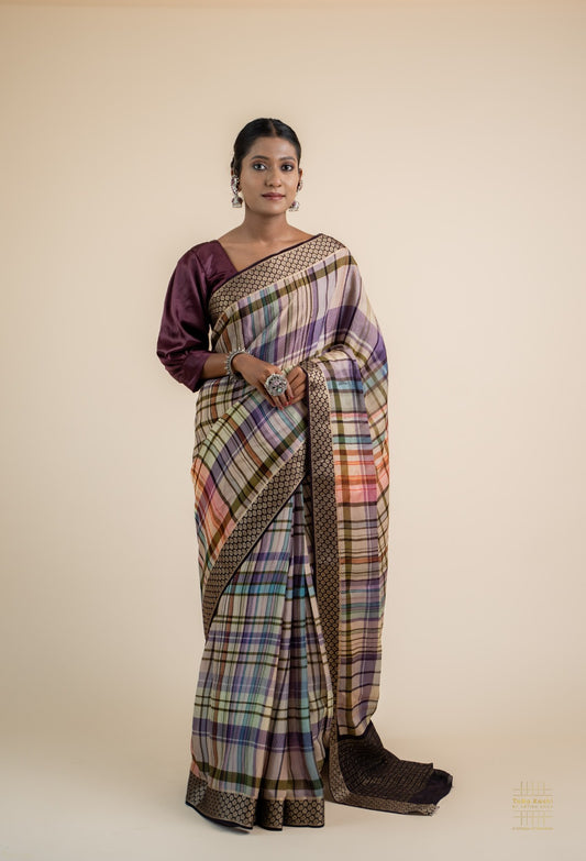 Multicolor Hand-block printed Saree with Zari Border