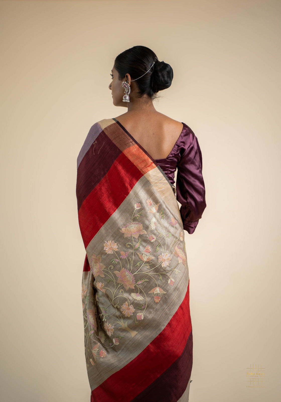 Dusty Mauve Embroidered Tusser Silk Saree