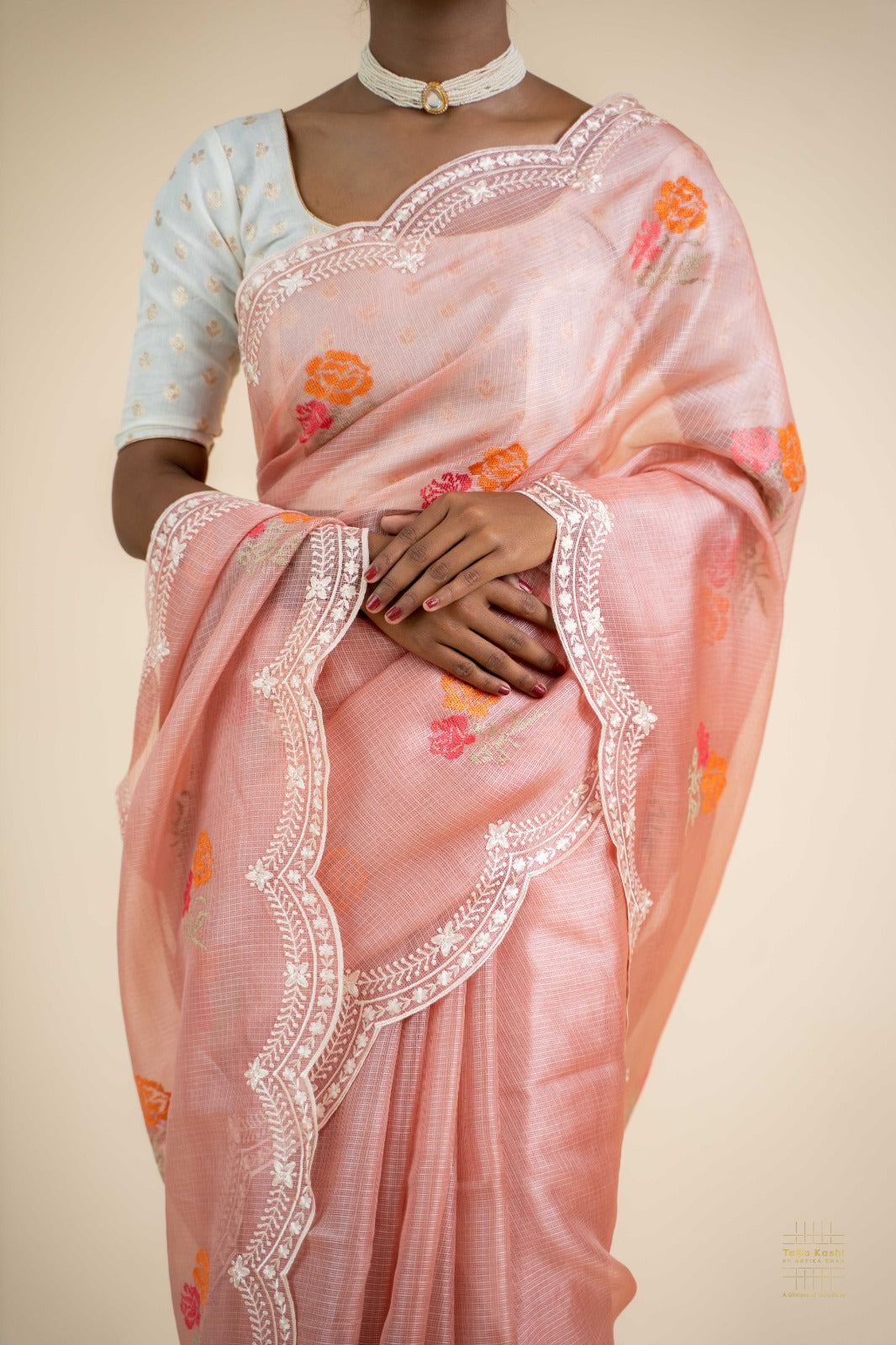 Gajri Pink Kota Silk Scallop Embroidered Saree