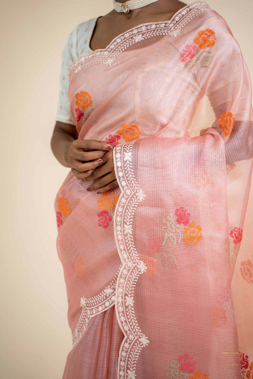 Gajri Pink Kota Silk Scallop Embroidered Saree