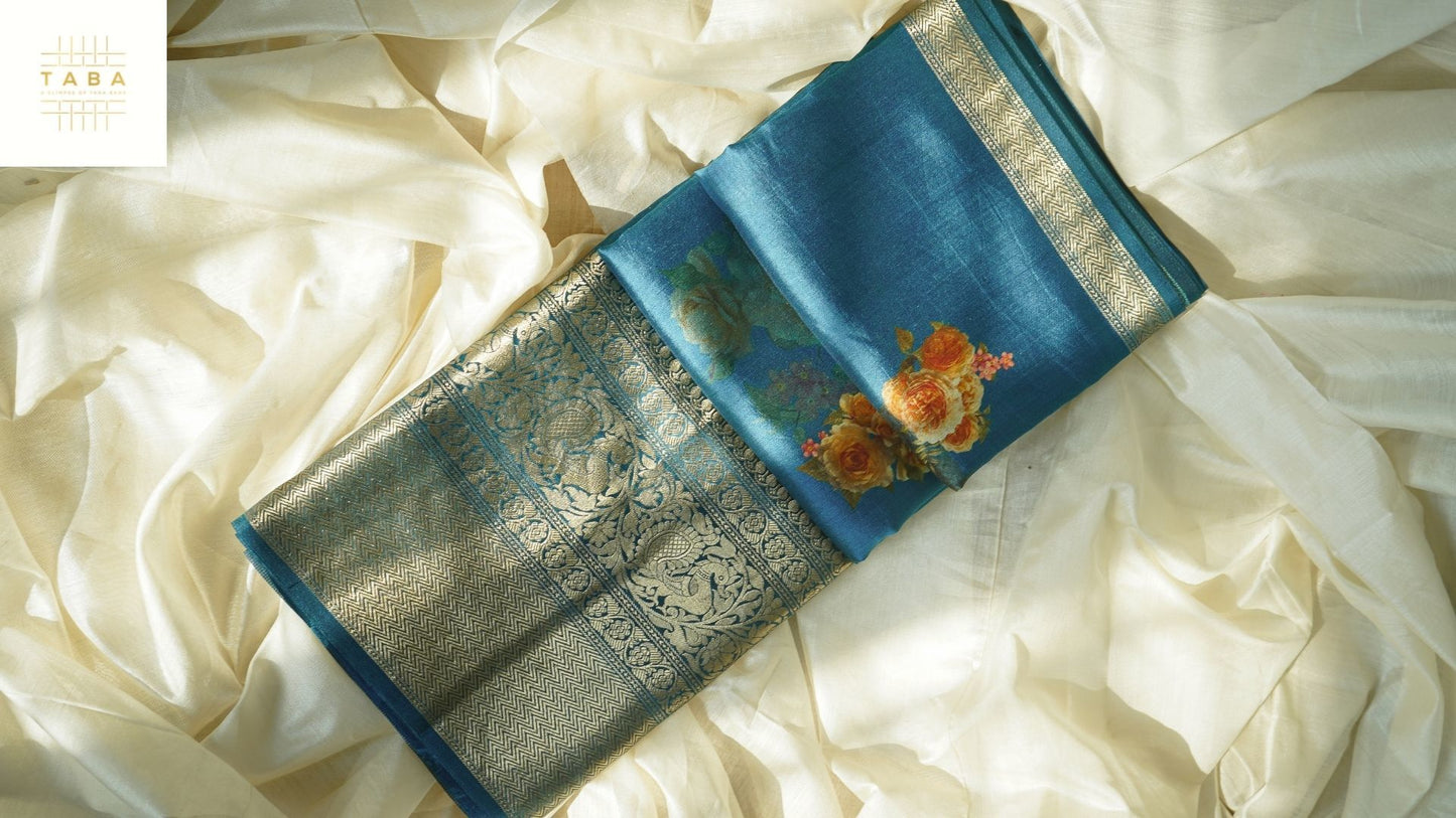 Iridescent Blue Chiniya Silk Saree