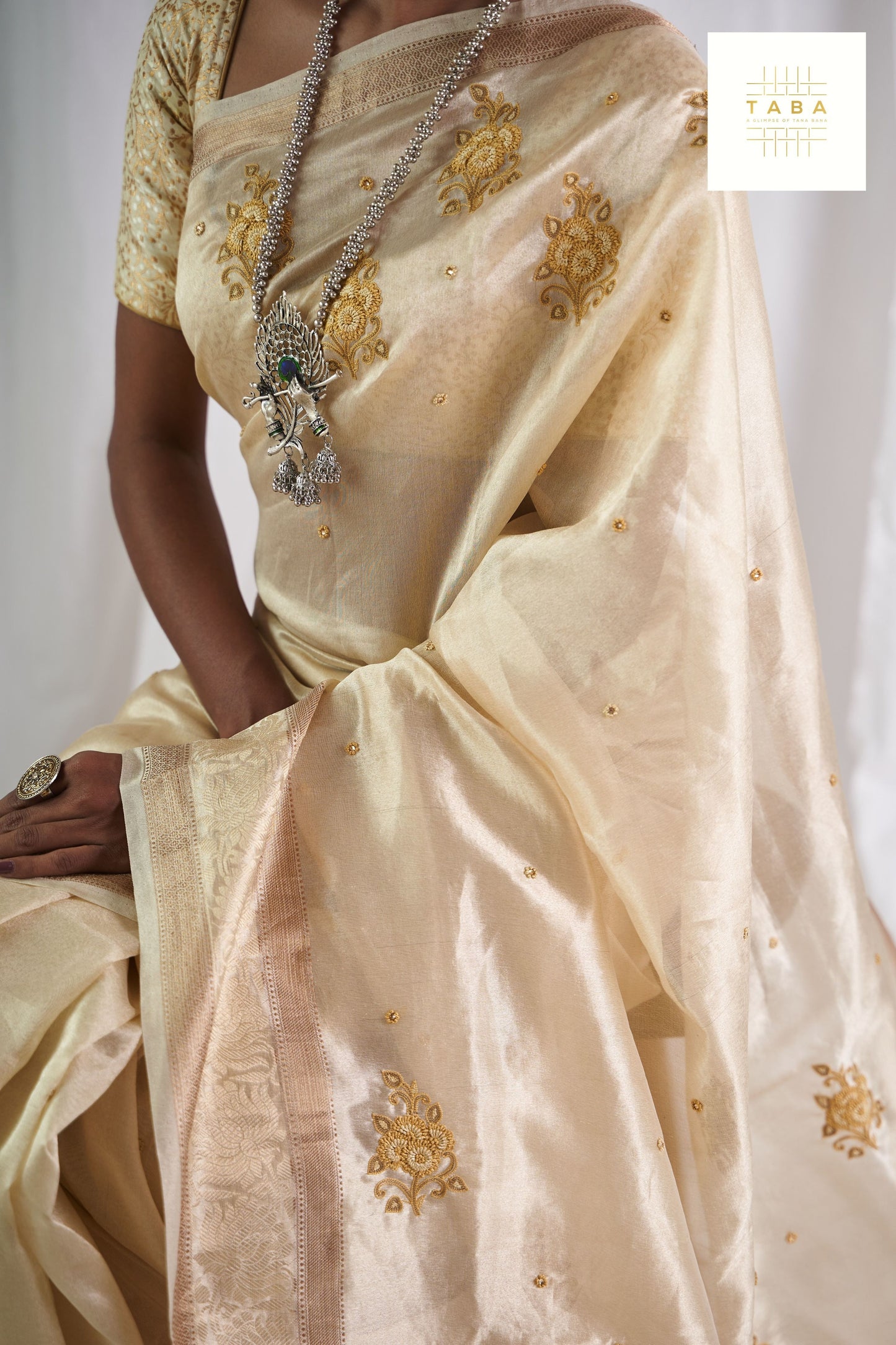 Golden Hand-Embroidered Saree