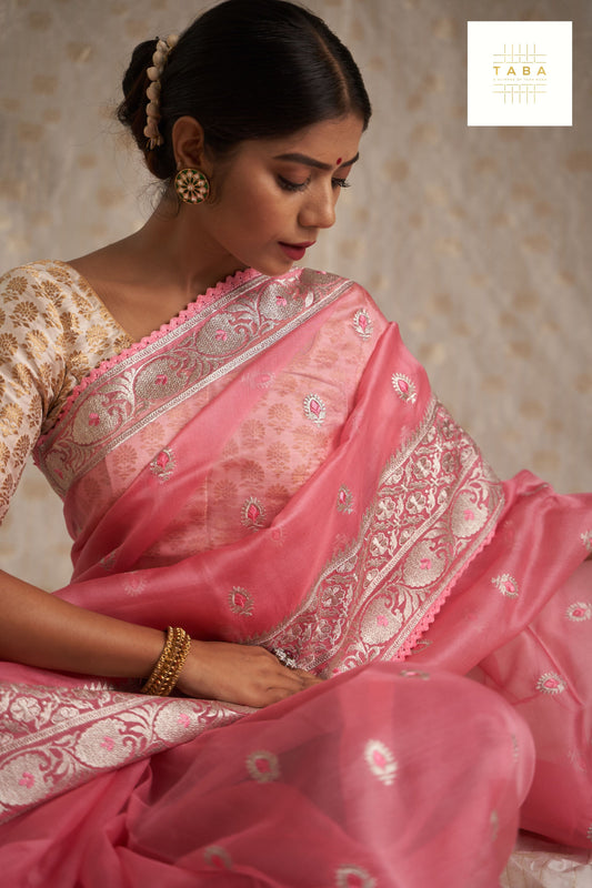 Light Onion Kora Embroidery Saree