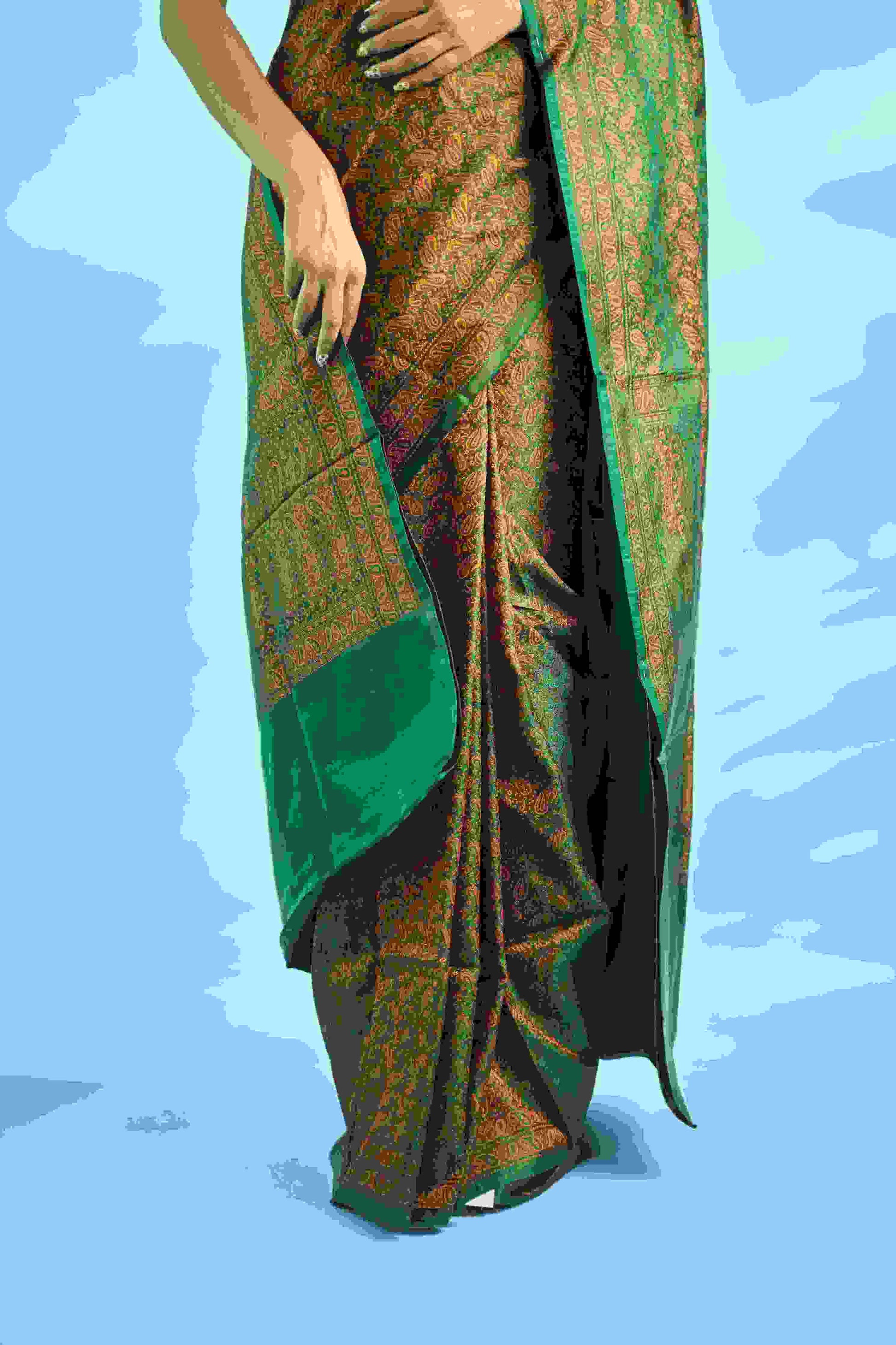 Pure handloom satin silk banarasi saree with resham jamawar work, kairi and small leaf designs