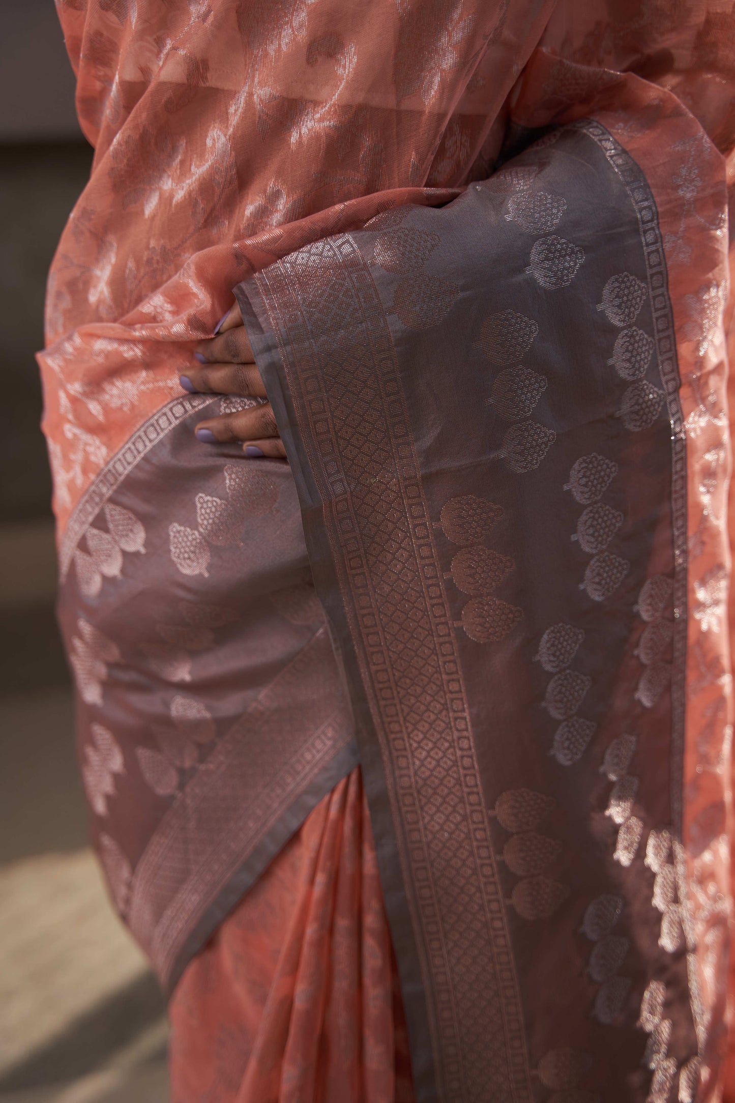 organza saree with contrast border, rupa zari jaal