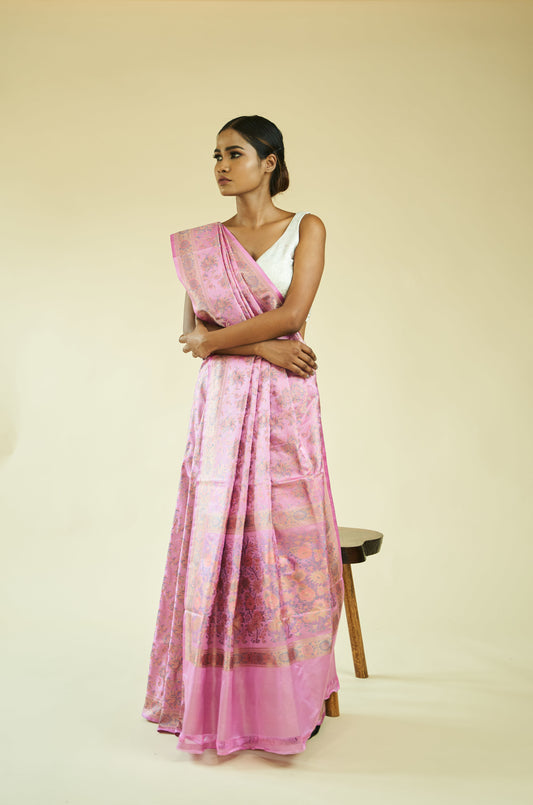 Pure Handloom Tanchoi Satin Silk Saree In Pink Colour