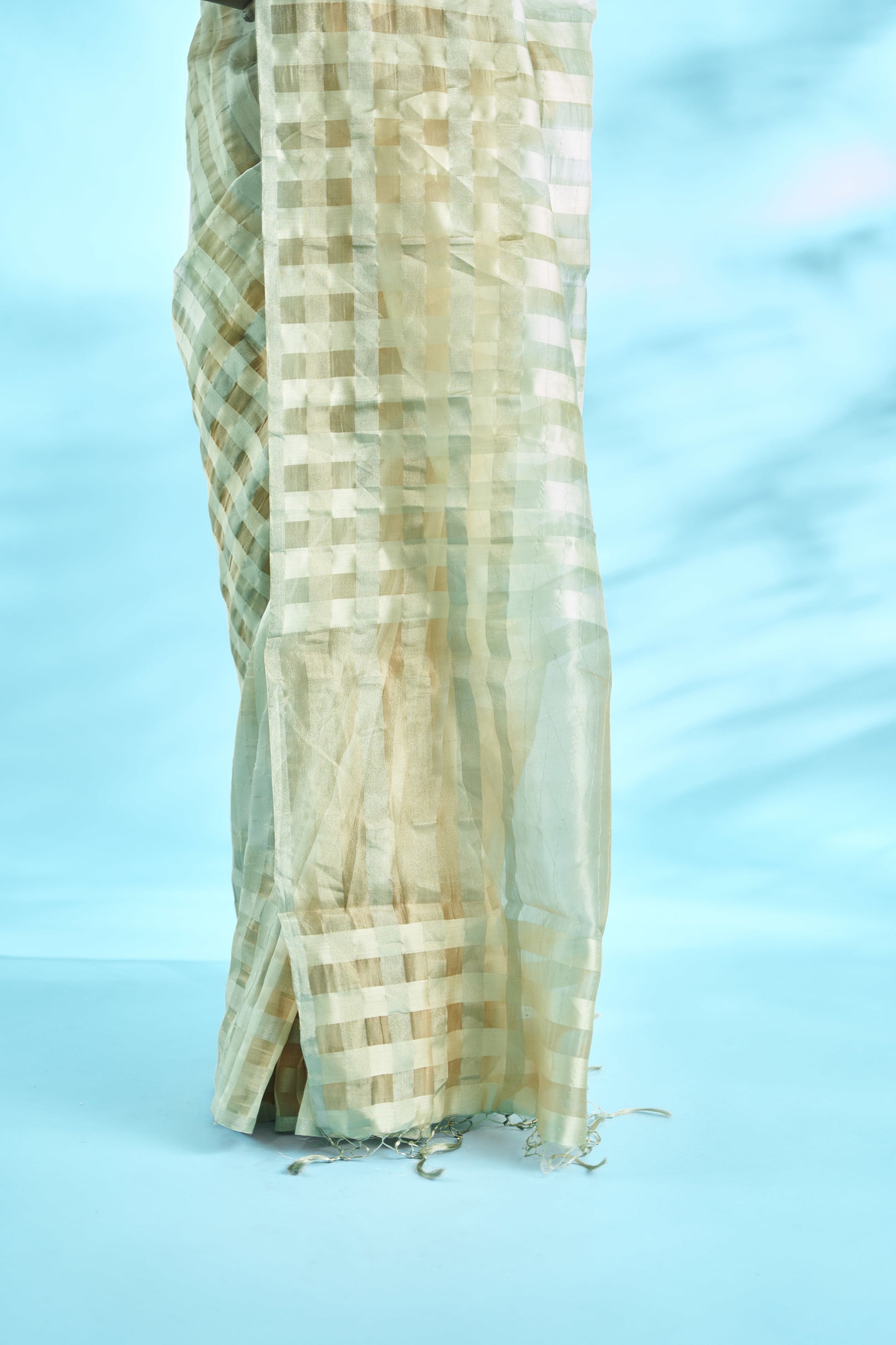 chiniya tissue handwoven banarasi saree with stripe design and check design on border.